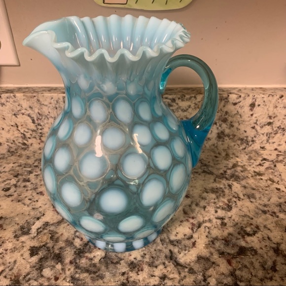 Vintage Opalescent Blue Coin Dot Ruffled Pitcher Collectible Glass - Picture 2 of 11